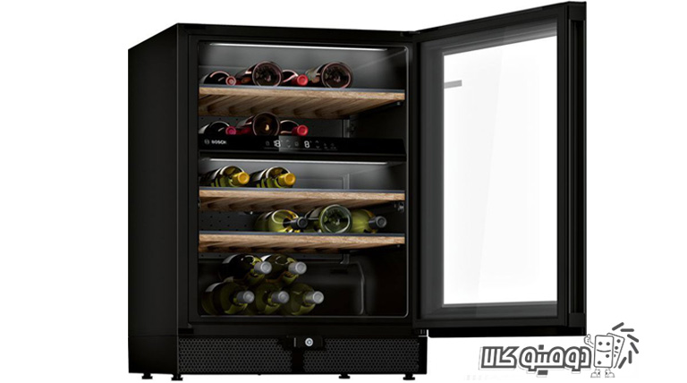 خرید یخچال بار کابینتی بوش مدل Wine cooler KWK16ABGB طراحی توکار با طبقات از جنس چوب بلوط
